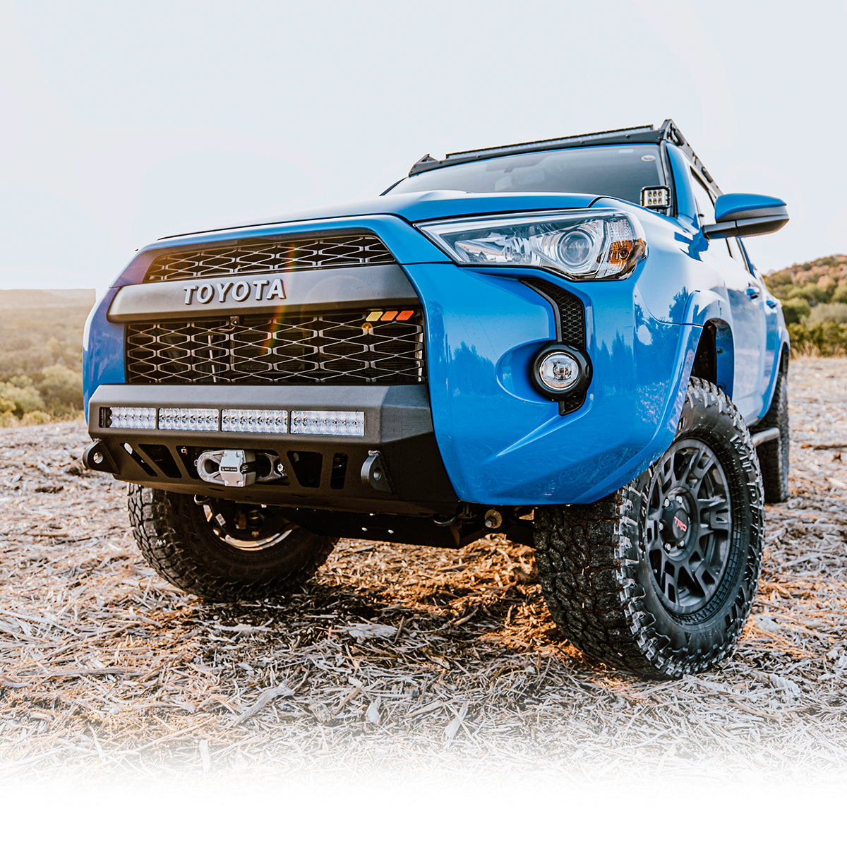 Stealth Bumper Fits 2014+ 4Runner  - 32in LED BAR (COMBO BEAM) // BUMPER LIGHT BAR - BLUE - SMALL // Smittybilt XRC GEN3 9.5K // NO D-Ring