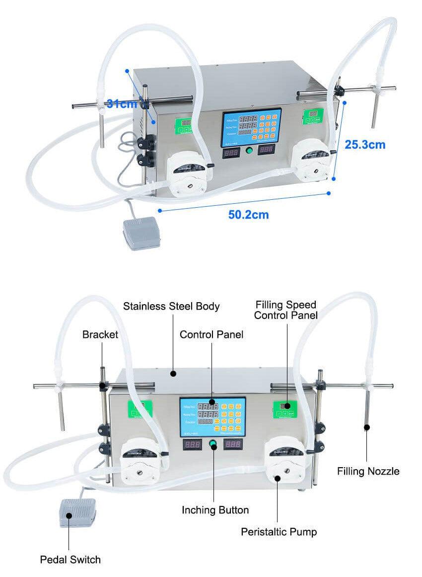 Dimensão das cabeças duplas Máquina de encher líquido semi-automática