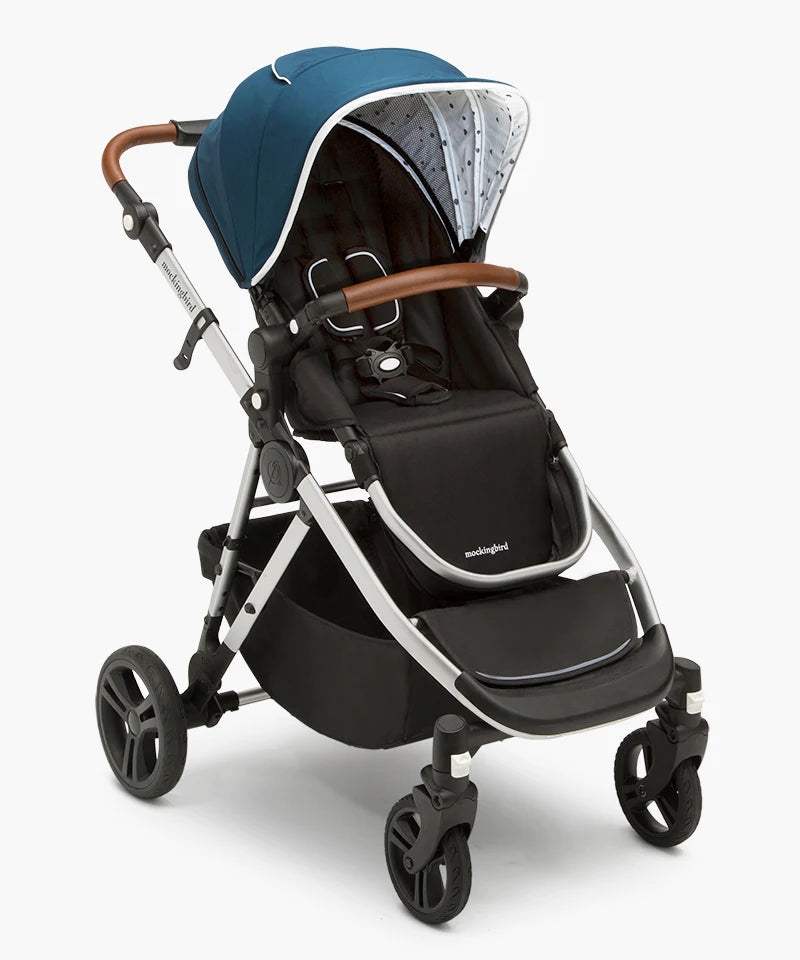 Mockingbird Single to Double Stroller, 2023, Silver with Penny Leather, Windowpane, Sea