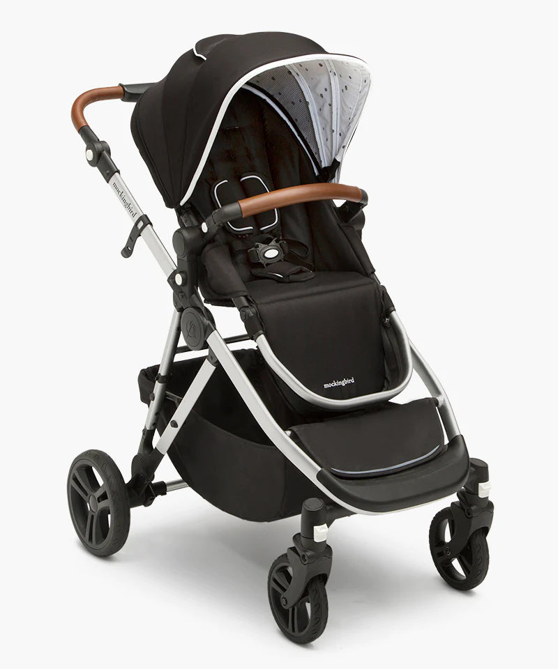 Mockingbird Single to Double Stroller, 2023, Silver with Penny Leather, Windowpane, Black