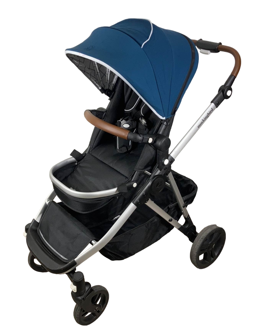 Mockingbird Single to Double Stroller, 2023, Silver with Penny Leather, Windowpane, Sea