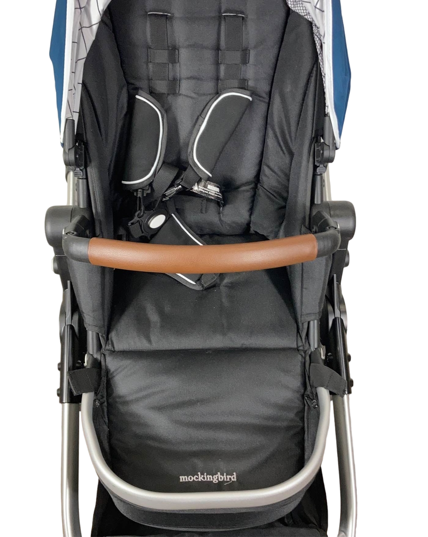 Mockingbird Single to Double Stroller, 2023, Silver with Penny Leather, Windowpane, Sea