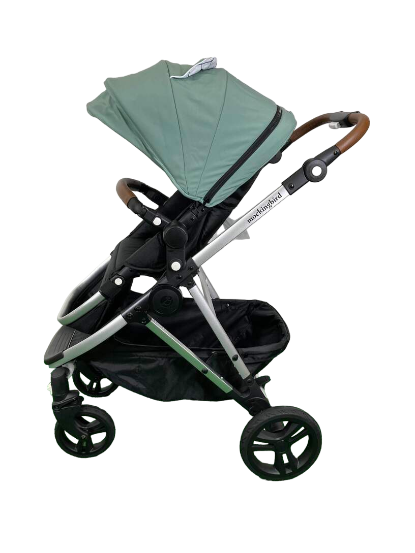 Mockingbird Single 2.0 Stroller, 2023, Silver with Penny Leather, Windowpane, Sage