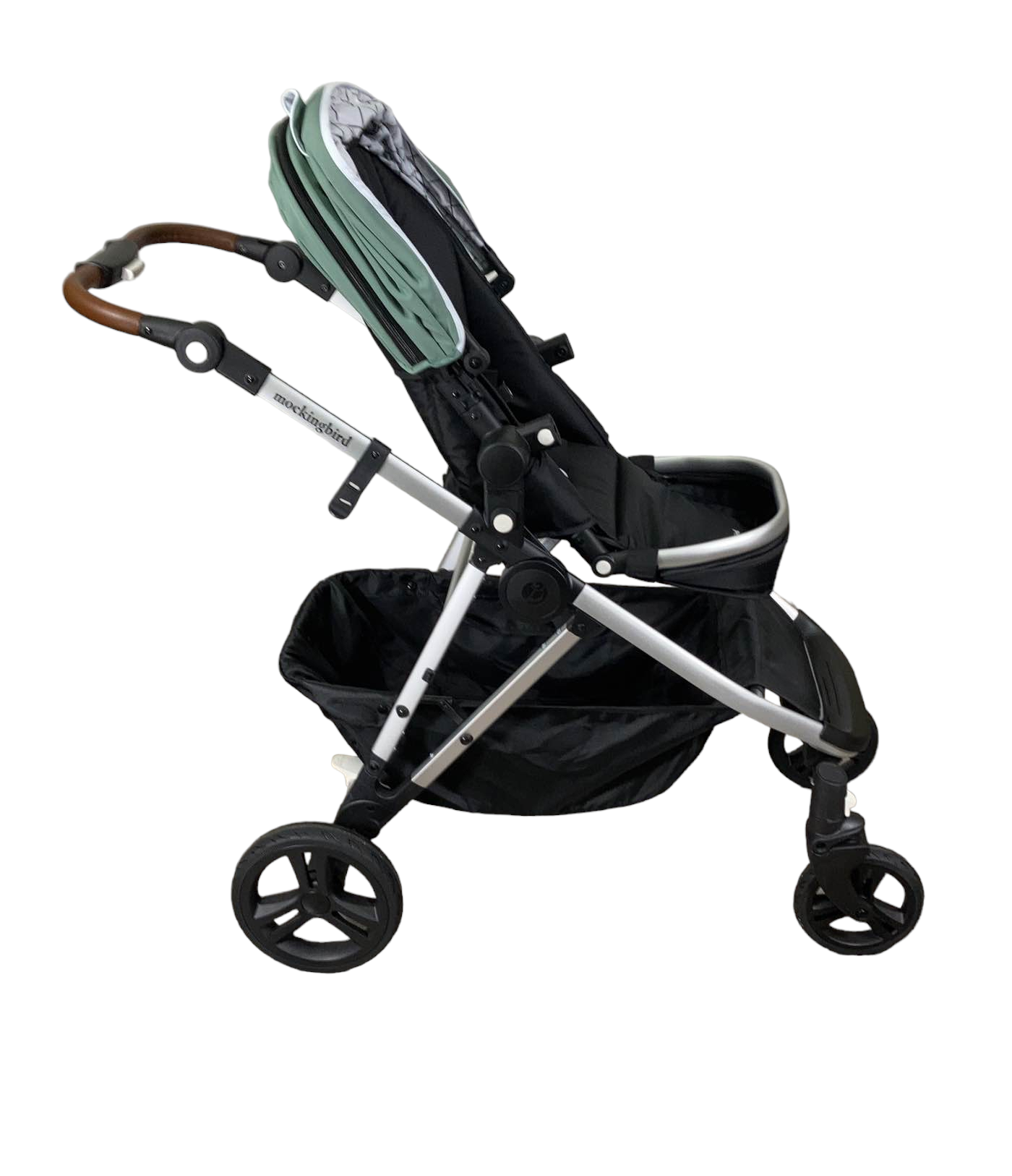 Mockingbird Single to Double Stroller, 2023, Silver with Penny Leather, Windowpane, Sage