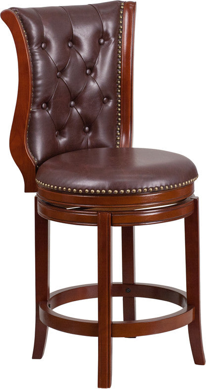 Dark Chestnut Wood Bar Stool With Hepatic Leather Swivel Seat