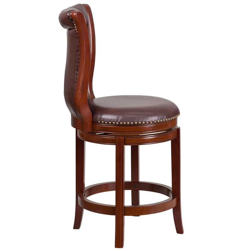 Dark Chestnut Wood Bar Stool With Hepatic Leather Swivel Seat