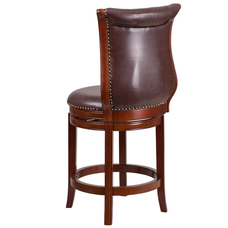 Dark Chestnut Wood Bar Stool With Hepatic Leather Swivel Seat