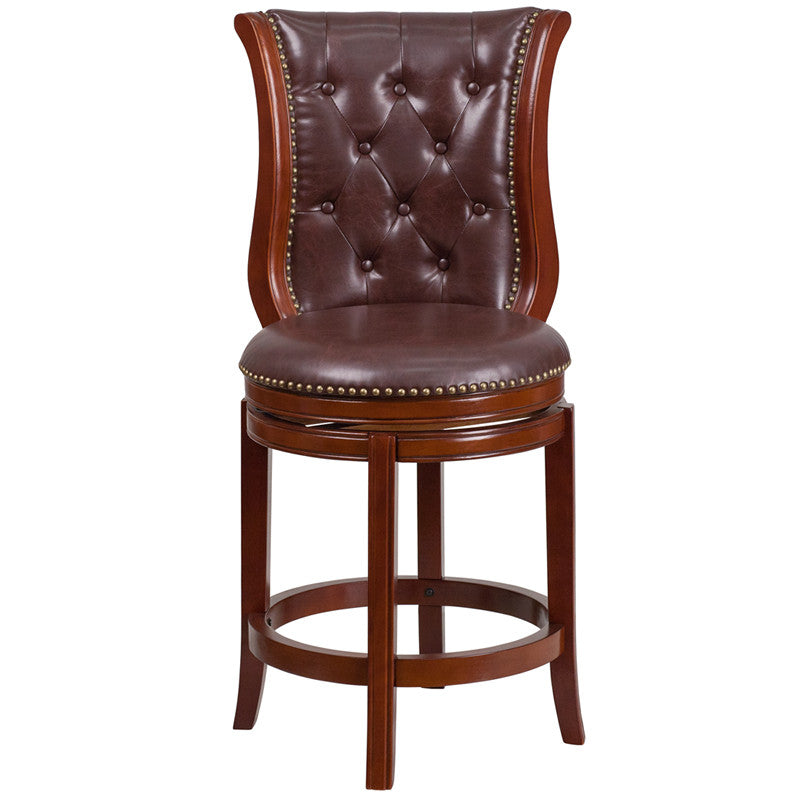 Dark Chestnut Wood Bar Stool With Hepatic Leather Swivel Seat