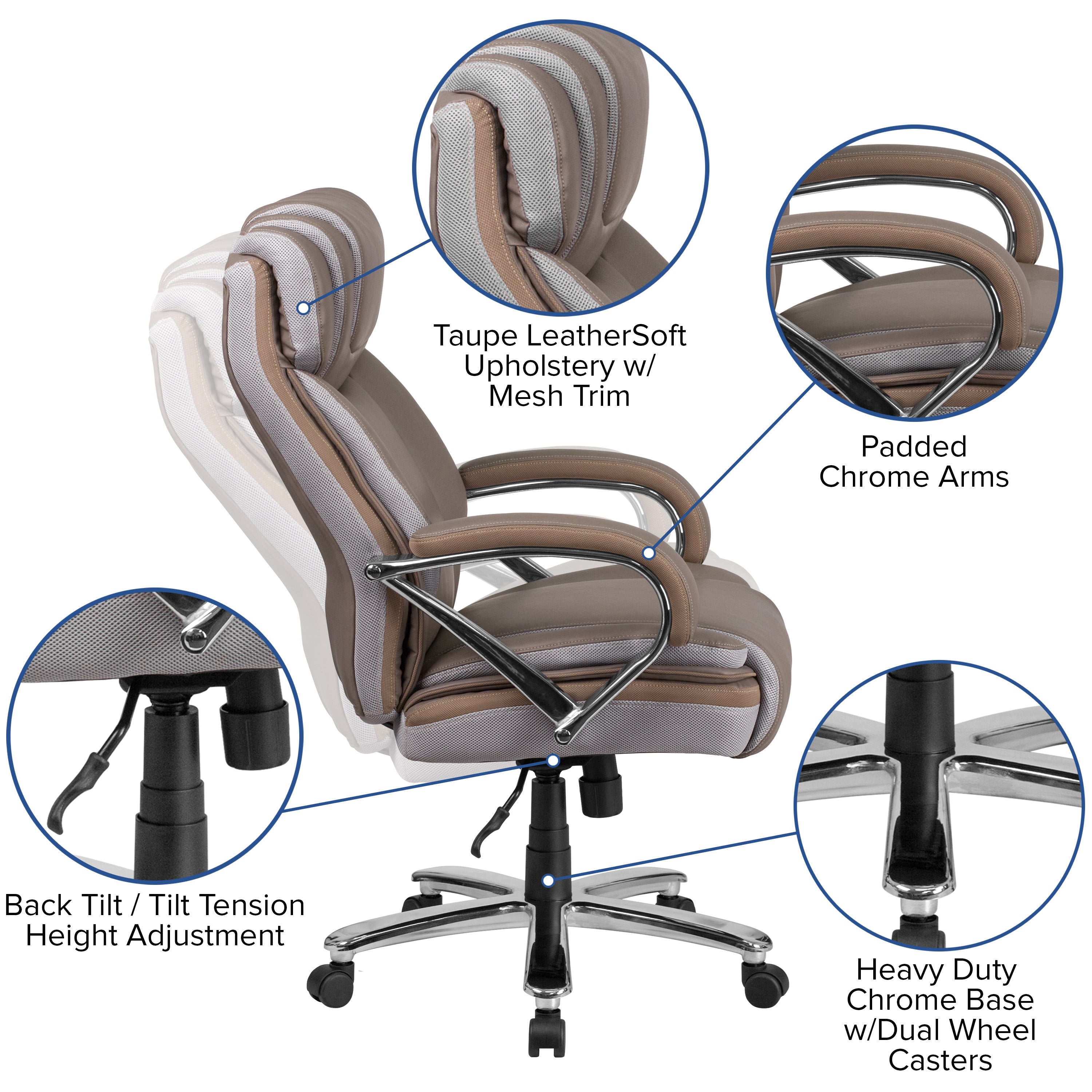 Hercules 500 LB. Capacity Big & Tall Taupe Leather Office Chair