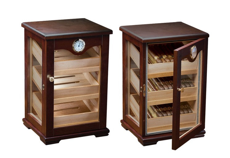 Prestige Import Group Milano Countertop Display Cigar Humidor with 4 Glass Sides & Angled Trays - Up to 125 Cigar Capacity - Finish: Dark Mahogony