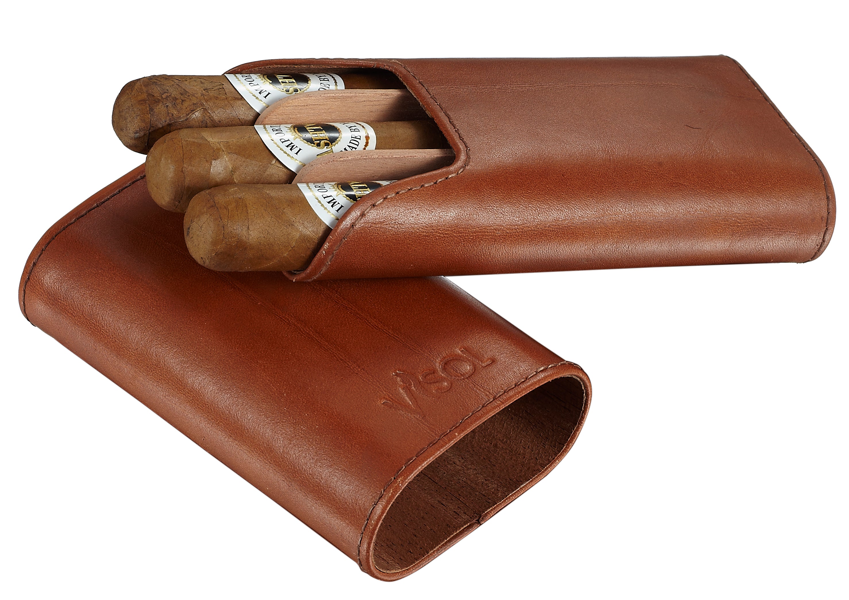 Visol Cuero Genuine Tan Leather 3-Finger Cigar Case