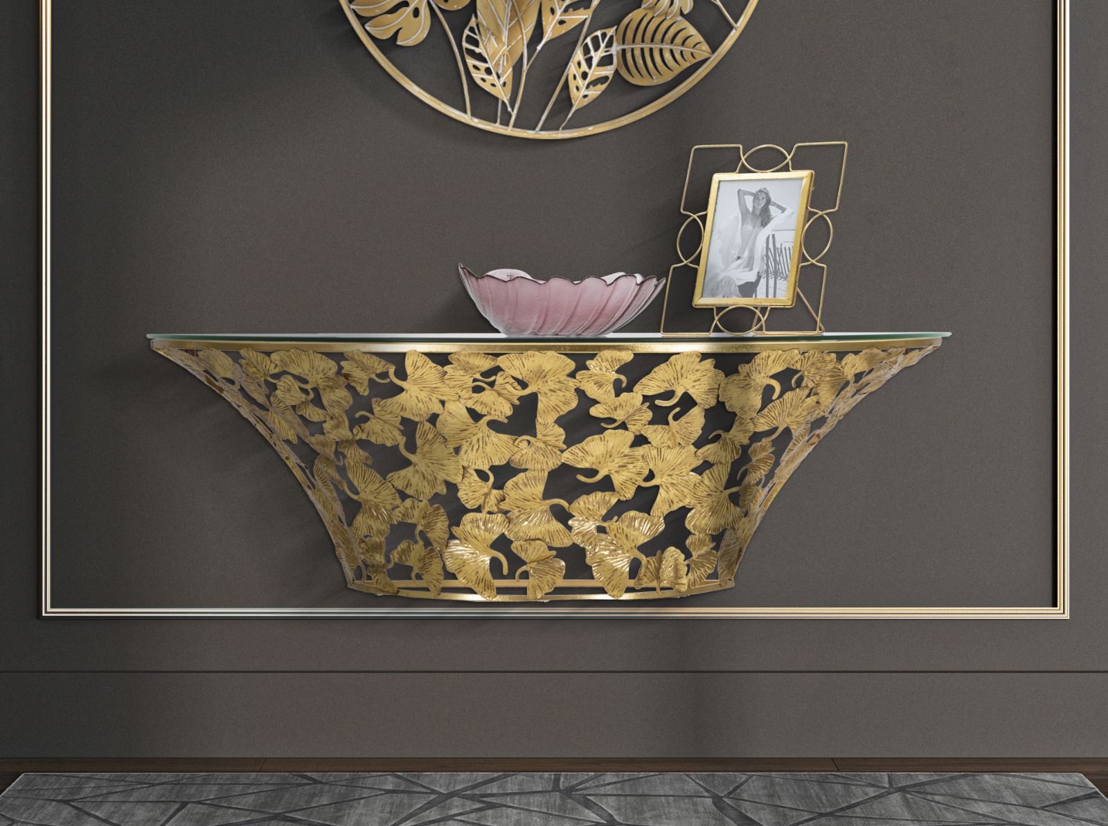 Golden Metal & Glass Wall Console with Leaf Decor