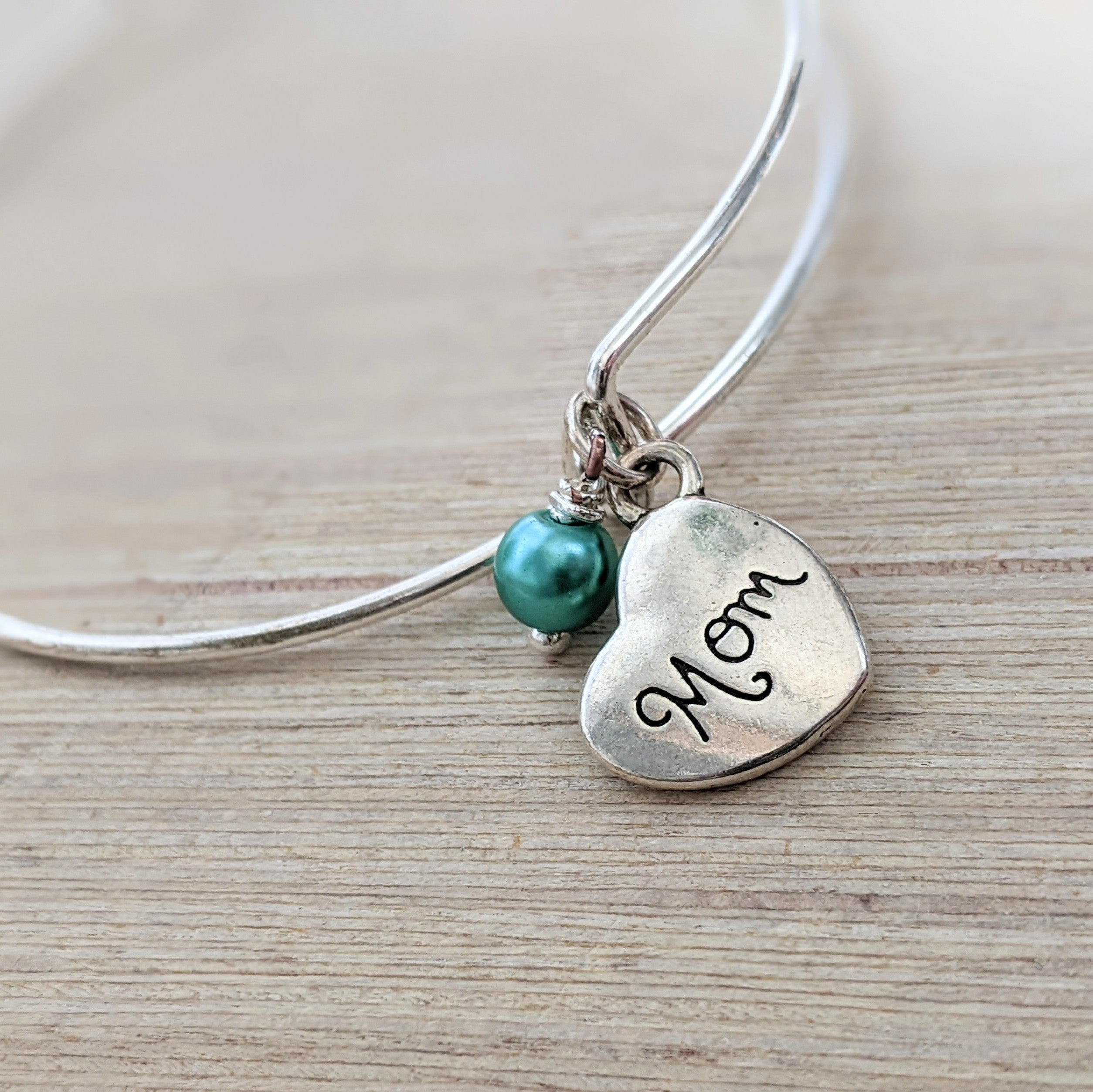 Mom Heart with Colorful Pearl Bangle Bracelet