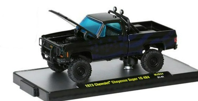 1973 Chevrolet Cheyenne Super 10 4x4 Pickup Truck Black w/ American Flag Graphics Limited Edition to 5500 pieces 1/64 Diecast Model Car by M2 Machines