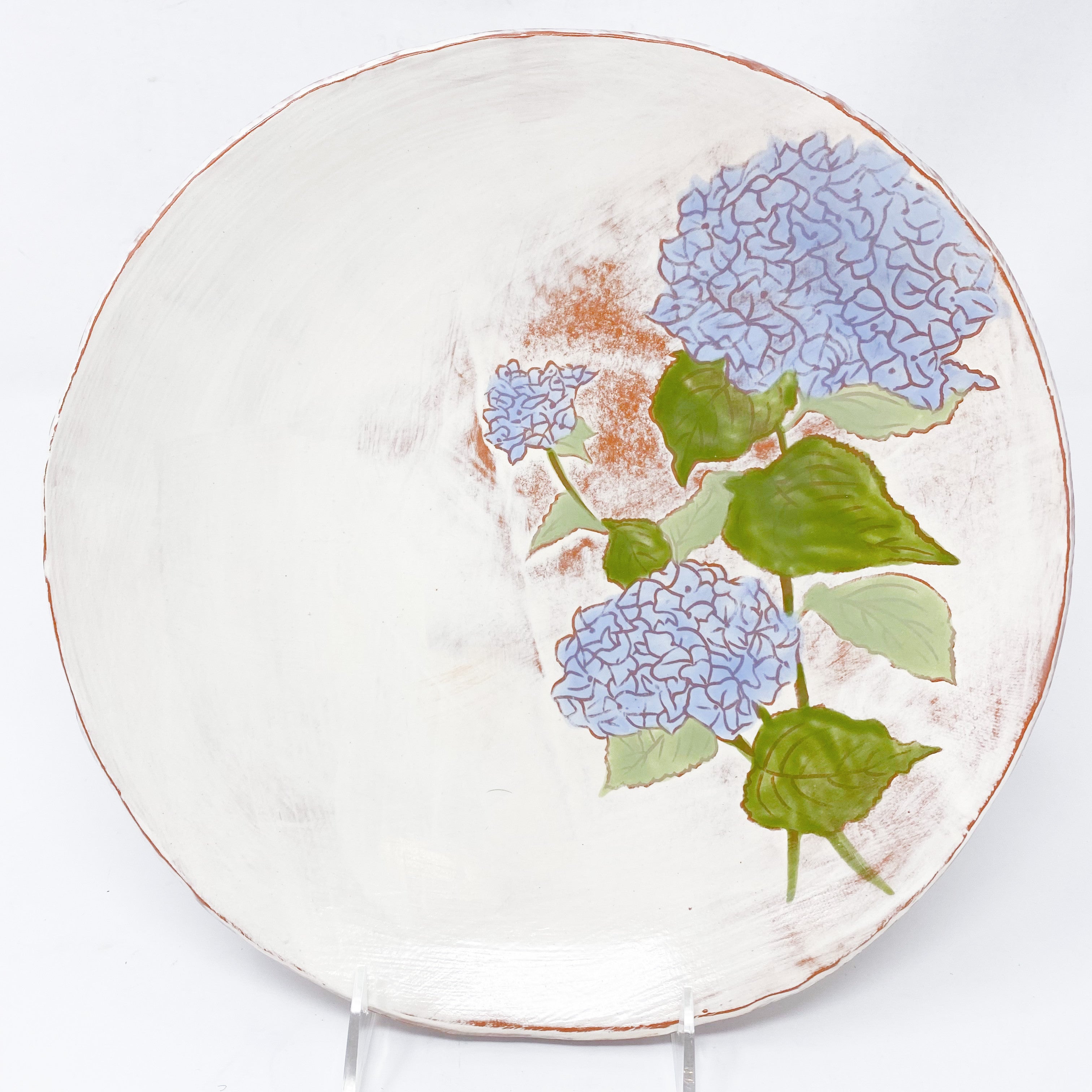 Ceramic Blue Hydrangea Bowl: Large w/Red Clay