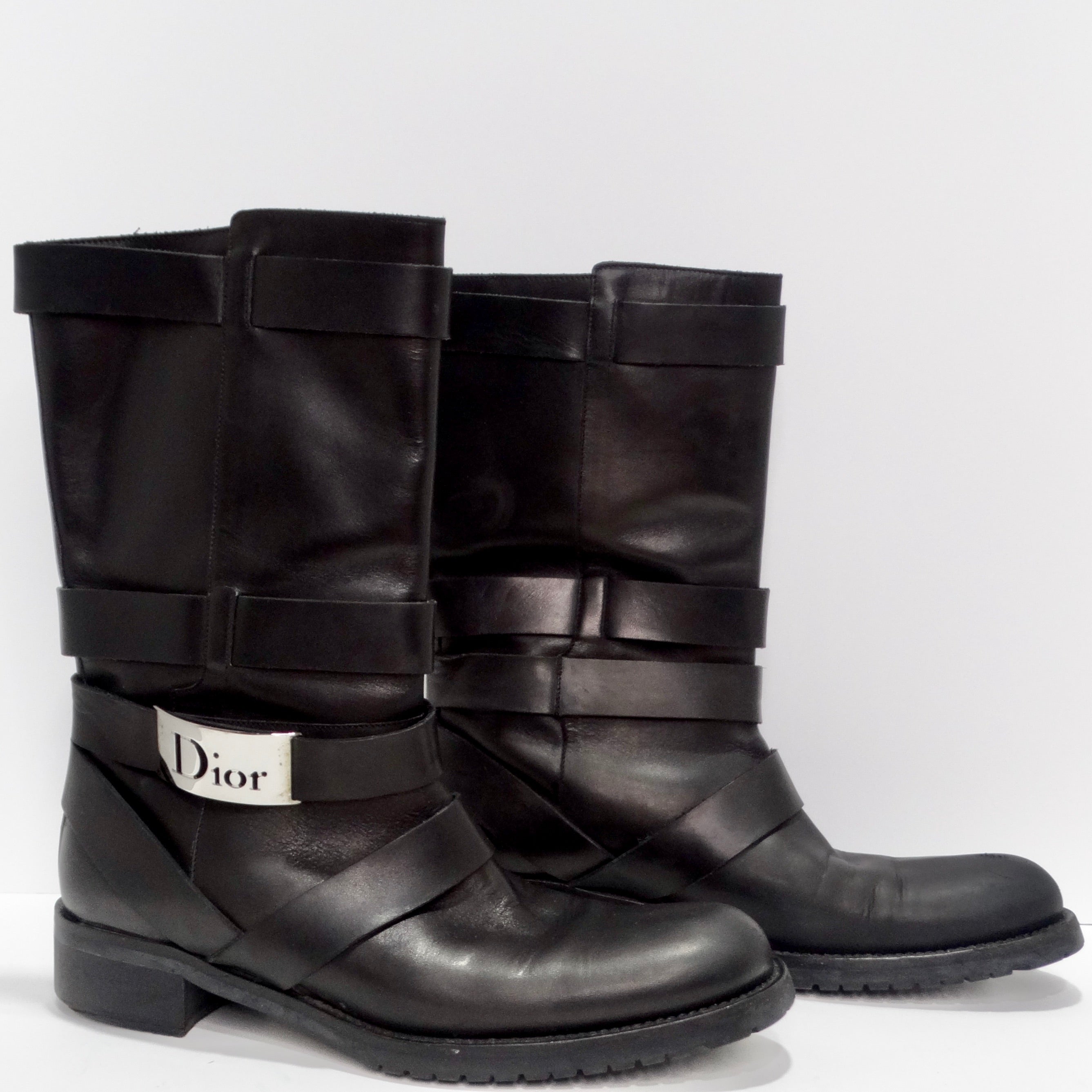 Dior by John Galliano Black Leather Silver Tone Logo Boots