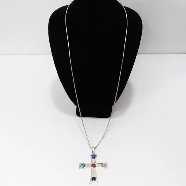 1980s Silver Cross Multi Stone Necklace