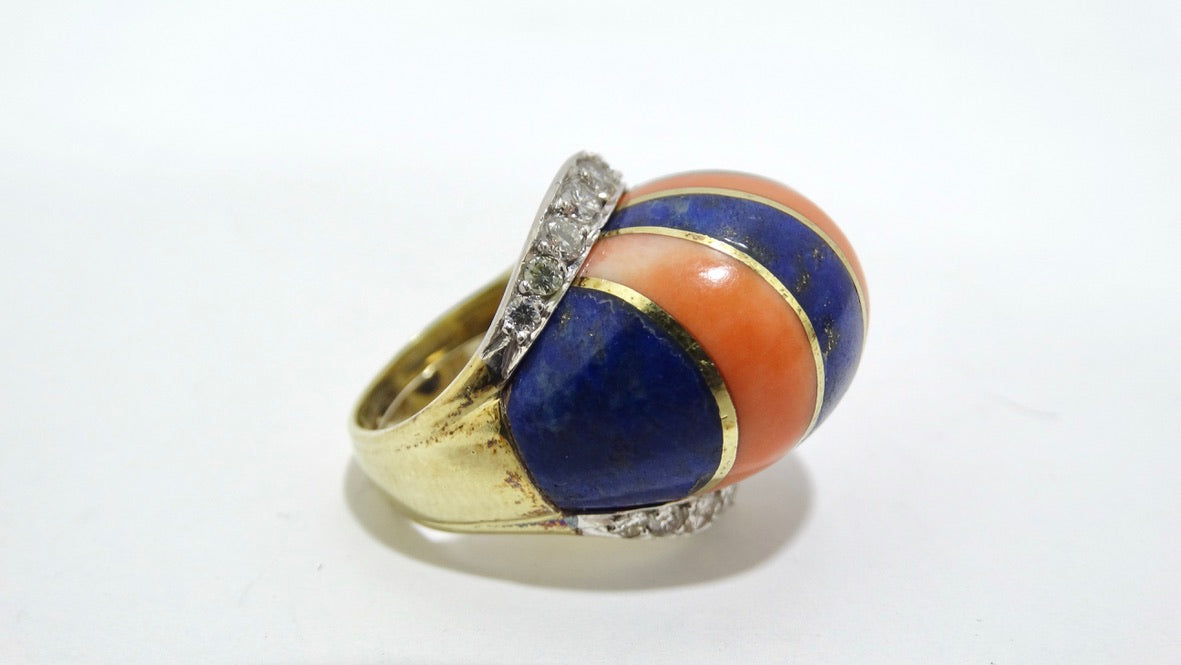 Coral And Lapis Striped Diamond Cocktail Ring