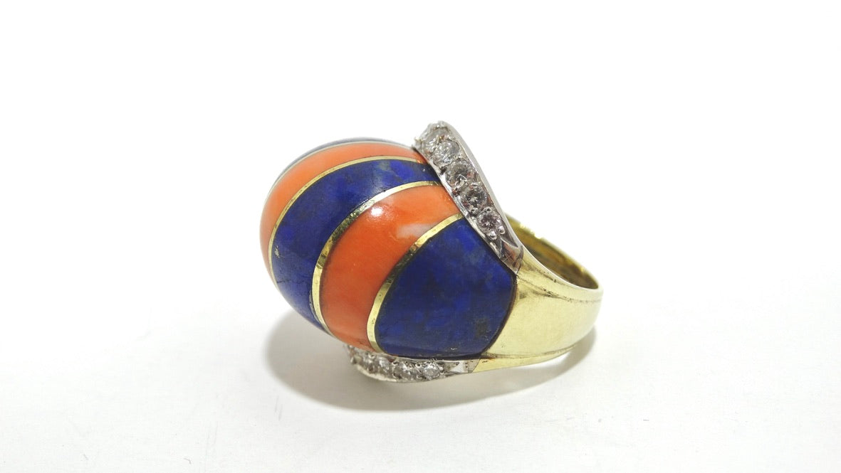 Coral And Lapis Striped Diamond Cocktail Ring