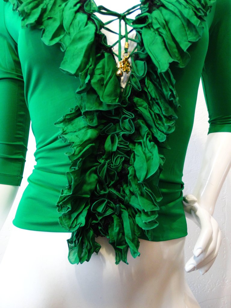 Roberto Cavalli Green Ruffle Corset Lace Up Top