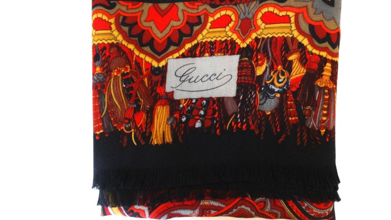 1980s Gucci Red Paisley Printed Fringe Shawl