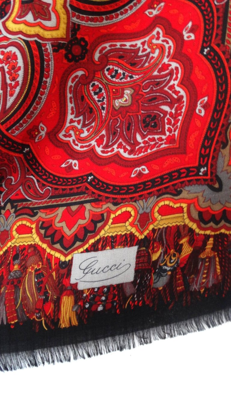 1980s Gucci Red Paisley Printed Fringe Shawl