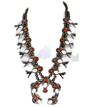 Navajo Coral and Mother of Pearl Sterling Silver Squash Blossom Necklace