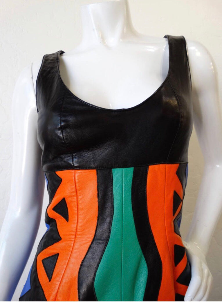 1980s Michael Hoban Tribal Leather Tank Dress