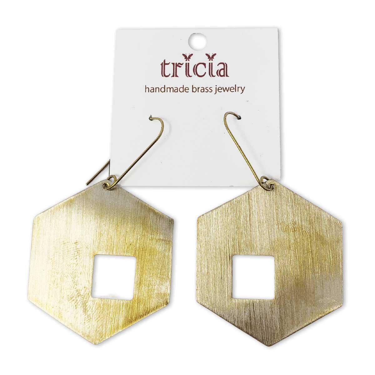 Tricia Handmade Hexagon with Squares Brass Earrings