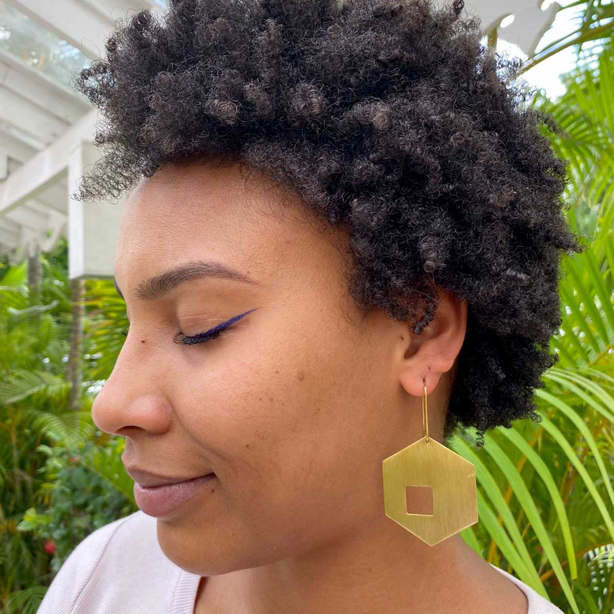 Tricia Handmade Hexagon with Squares Brass Earrings