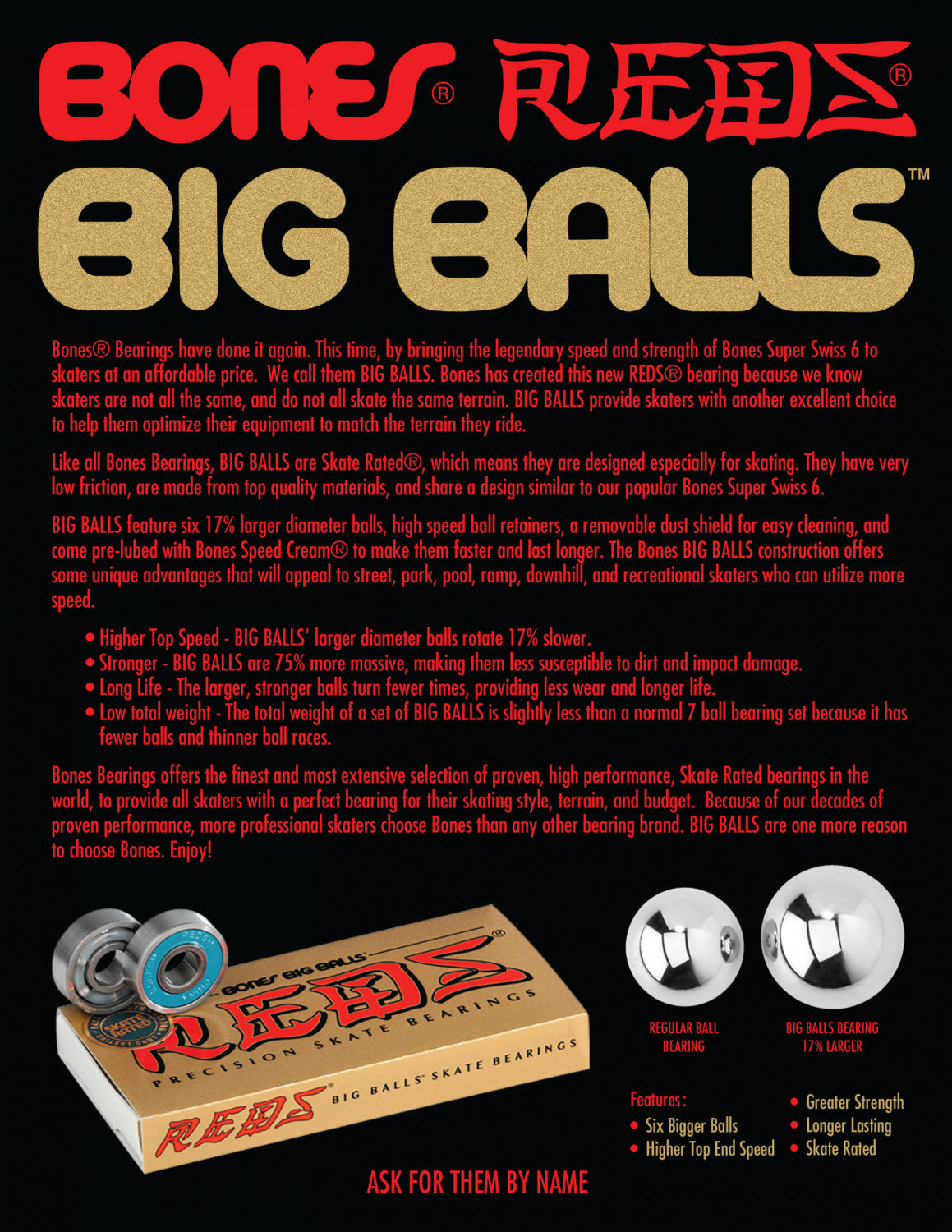 Bones? BIG BALLS? REDS? Skateboard Bearings 8 pack