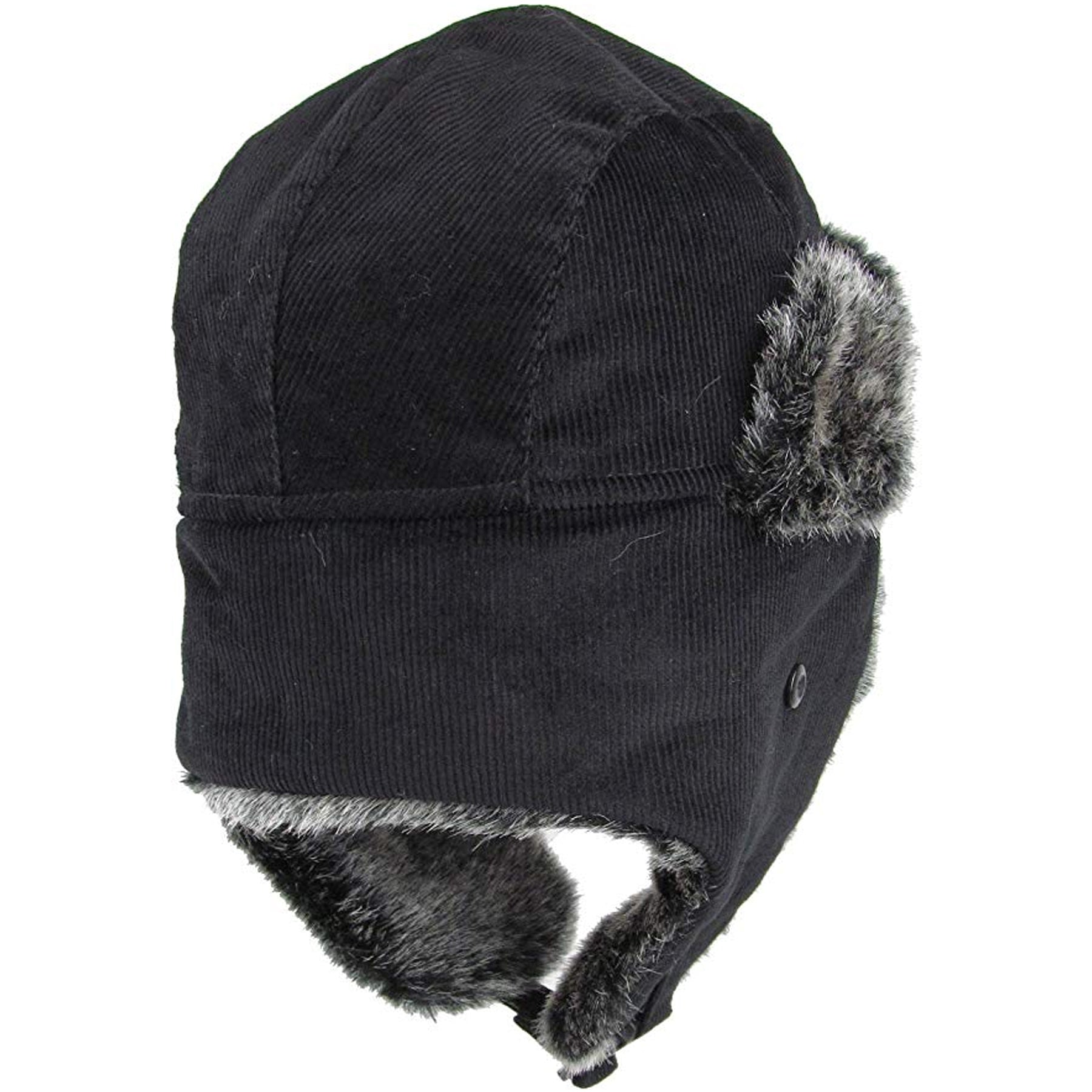 Black Corduroy Vegan Fur Ushanka Aviator Eskimo Trapper Hat | Little Luck