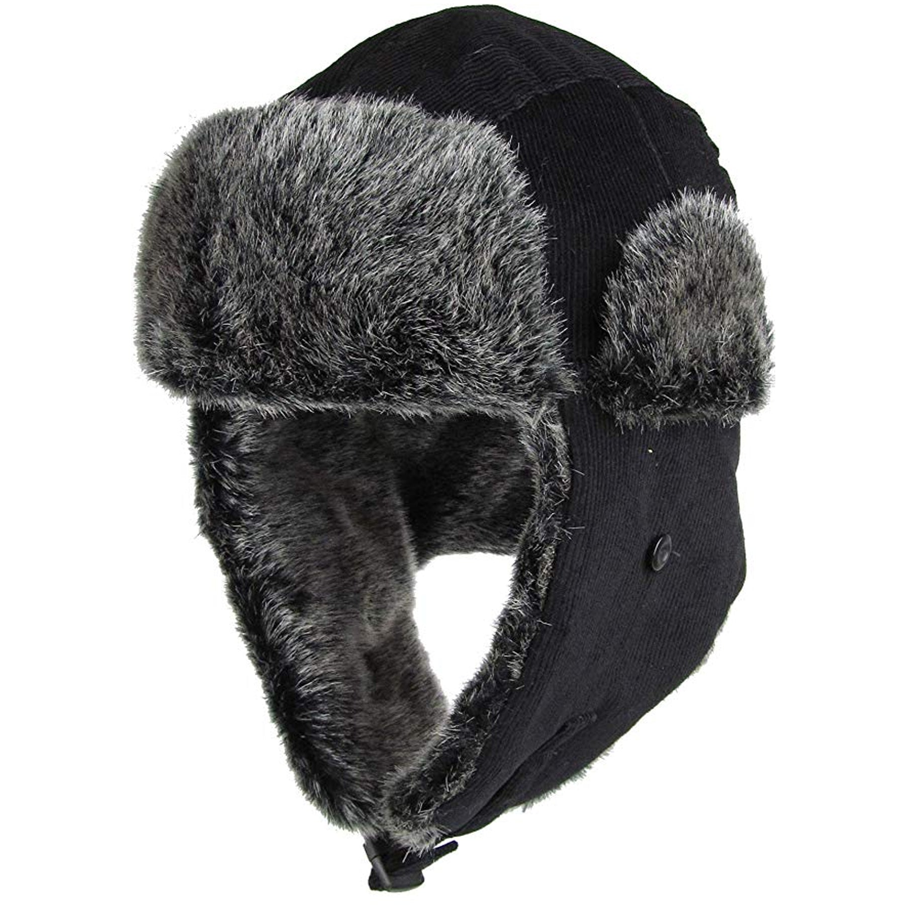 Black Corduroy Vegan Fur Ushanka Aviator Eskimo Trapper Hat | Little Luck