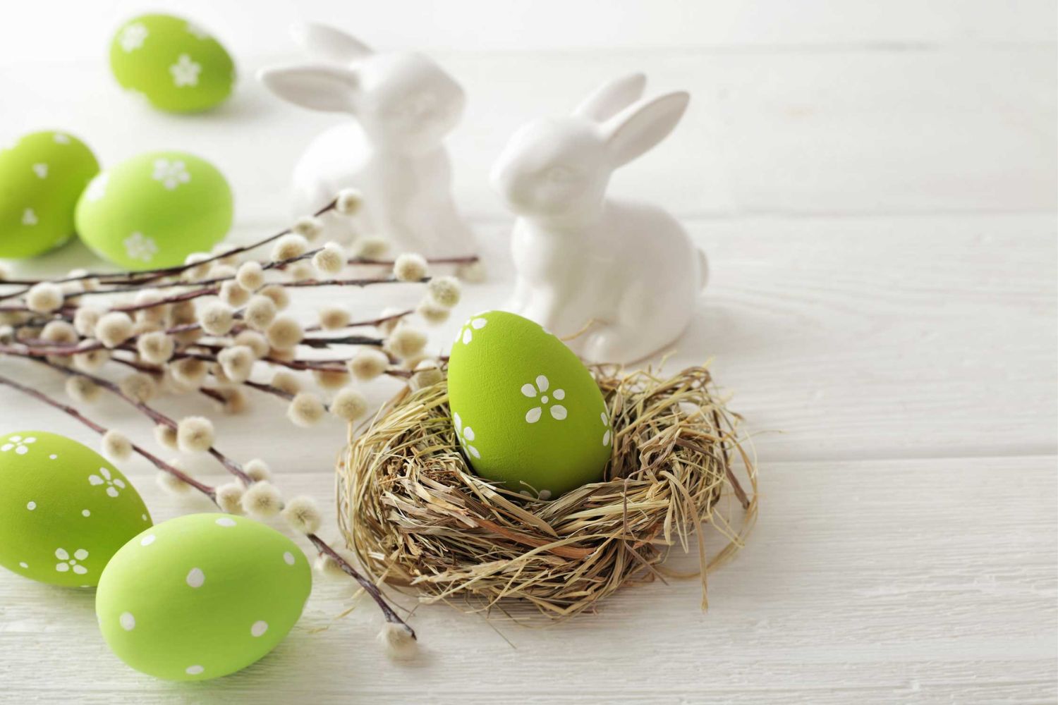 Easter green eggs and white rabbits