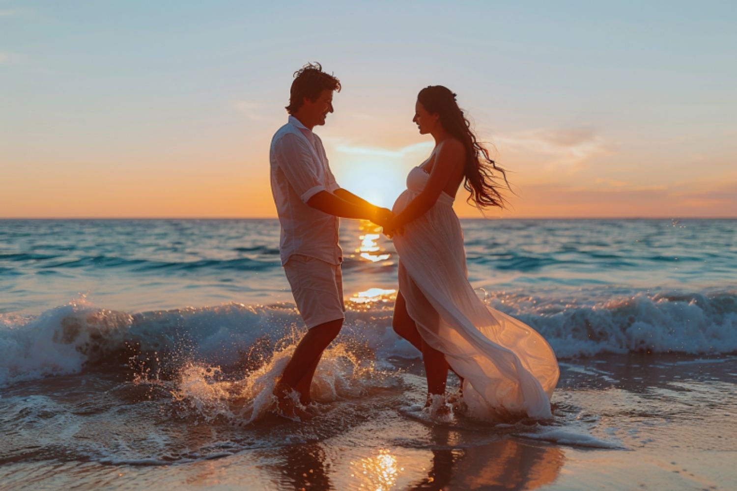 de buikdans pose voor zwangerschapsfotoshoot voor koppels