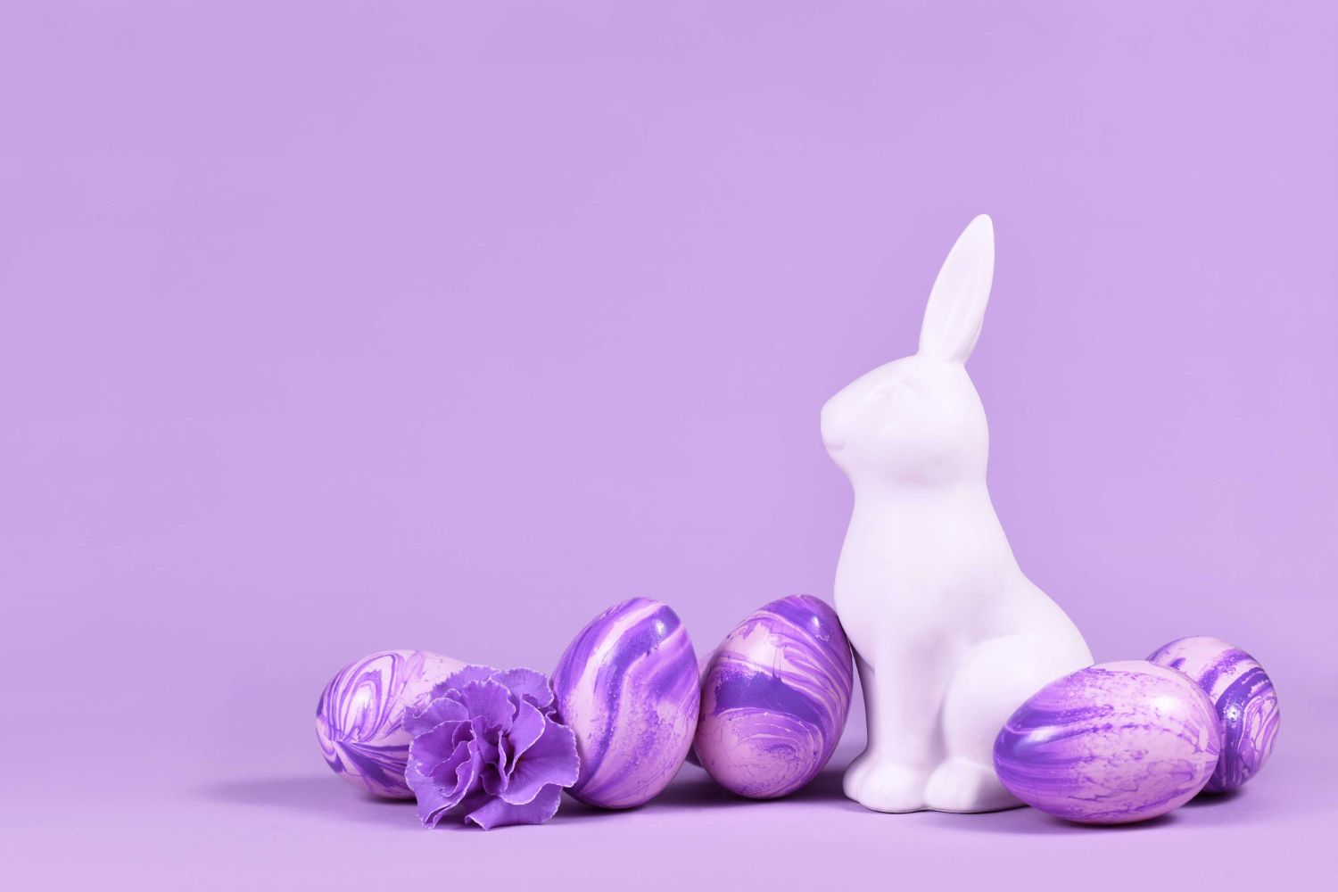 purple painted eggs with white rabbit