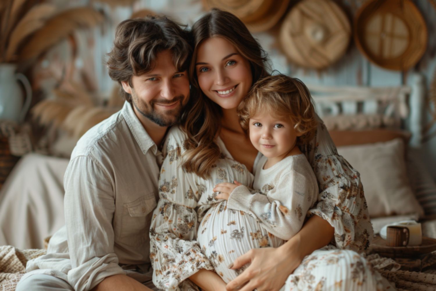 het gezellige gezin voor de zwangerschapsfotografie van een vrouw