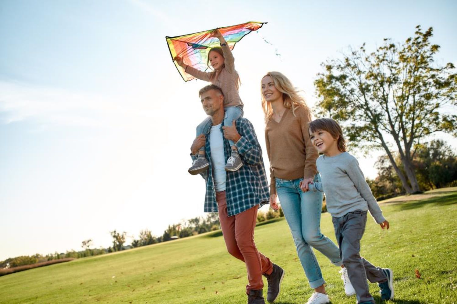 Dutch angle shot of walking family