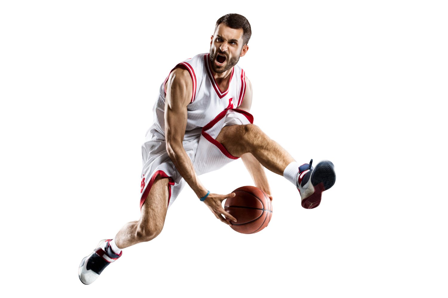 basketball player jumping for shooting ball