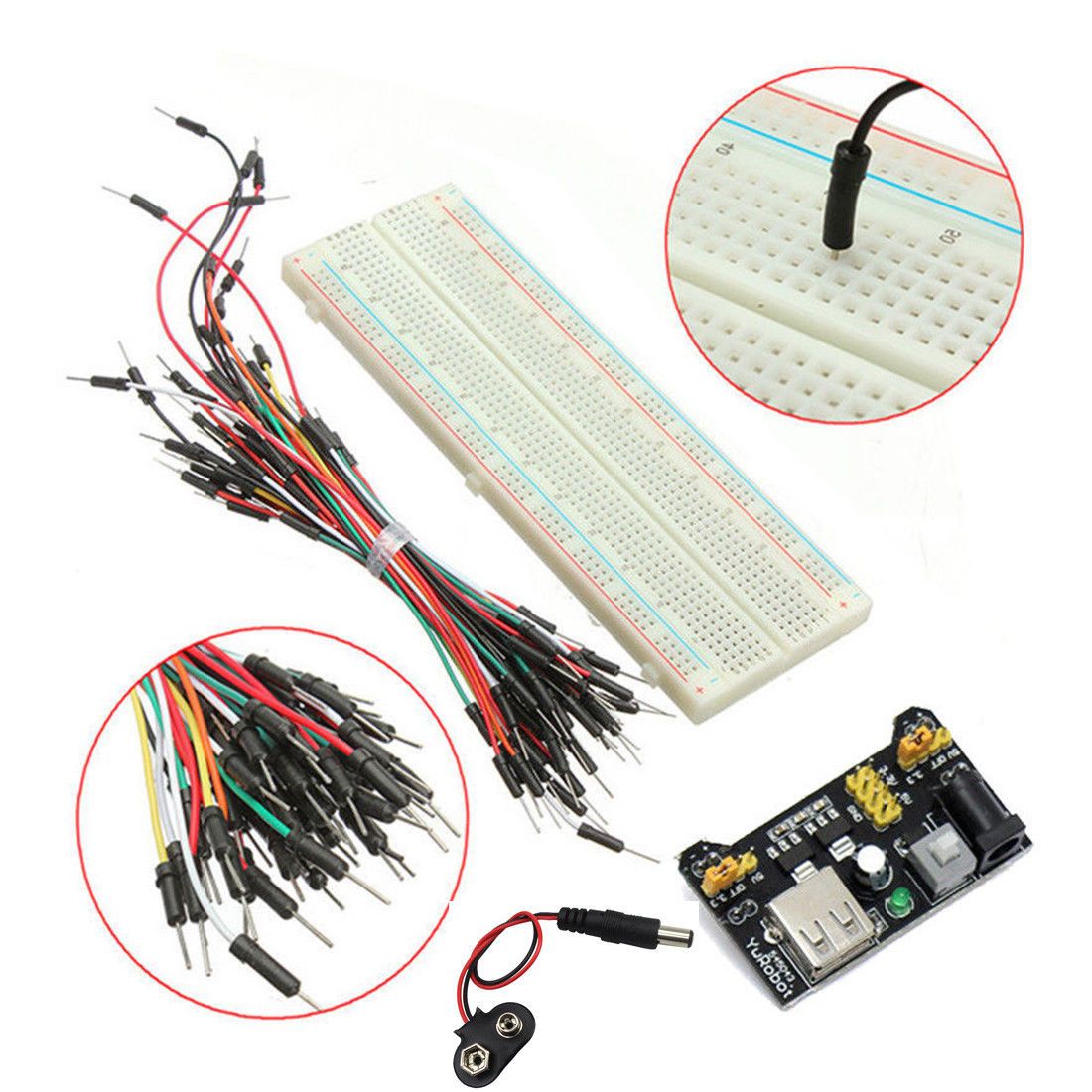 MB-102 830 Point Breadboard + 3.3V 5V Power Supply + 65 Jumpers + Battery Cable