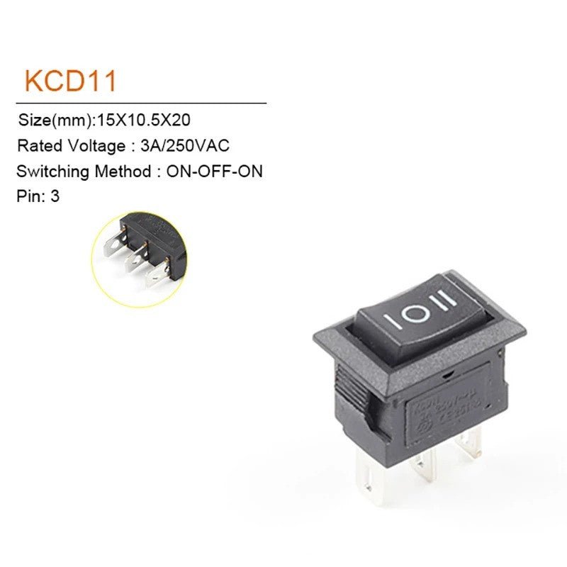 Mini Rocker Switch 3 PIN ON-OFF-ON SPDT 125VAC/6A 250VAC/3A Black 10mmx15mm KCD11 2X/5X/10X