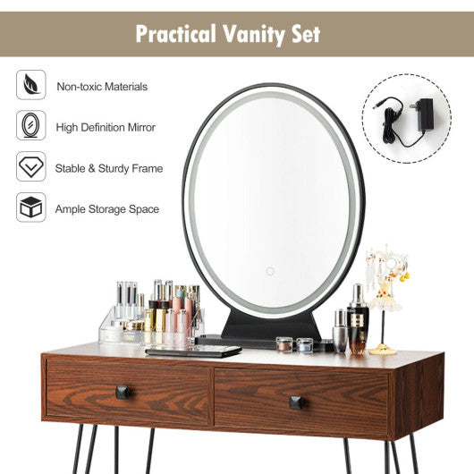 Industrial Makeup Dressing Table with 3 Lighting Modes-Walnut