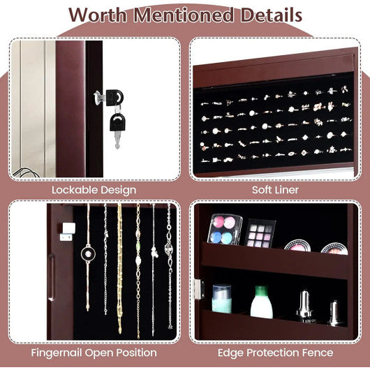 Lockable Wall Door Mounted Mirror Jewelry Cabinet w/LED Lights-Brown