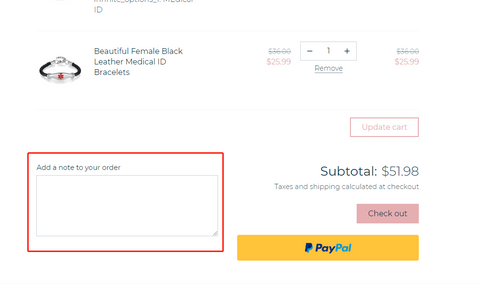 Order notes section in cart