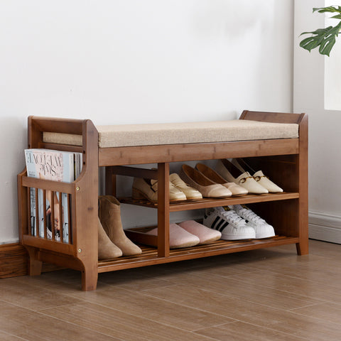 Bamboo 2 Tier Shoe Rack Bench with Removable Cushion and Invisible Dra ...