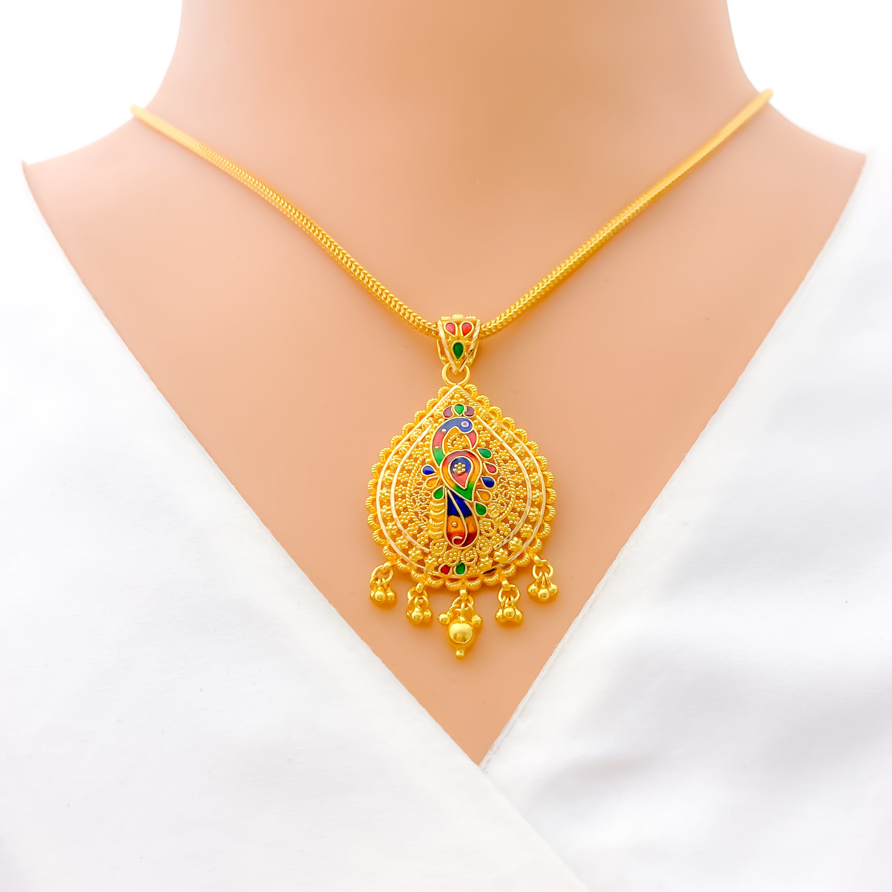 Vibrant Peacock Adorned 22k Gold Pendant