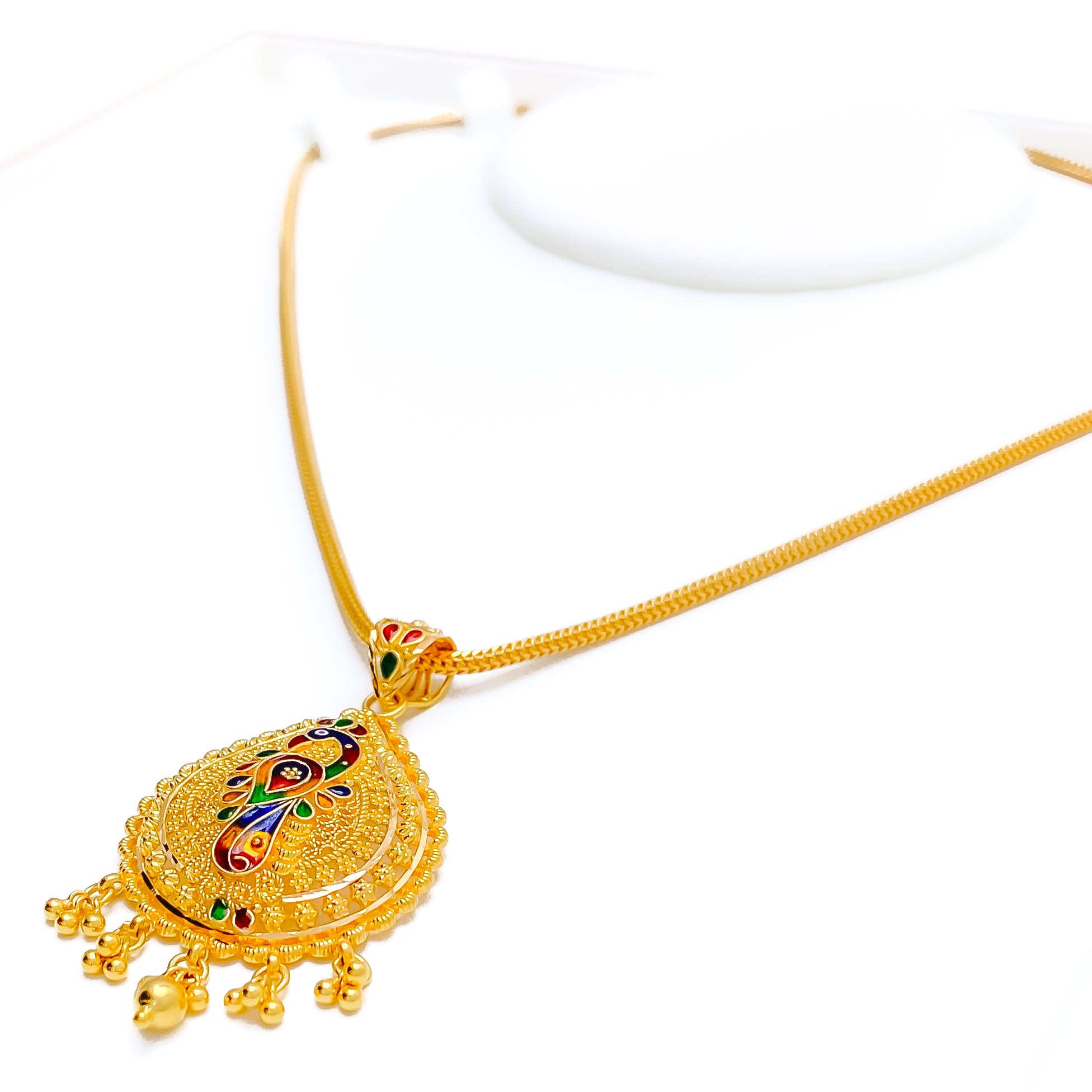 Vibrant Peacock Adorned 22k Gold Pendant