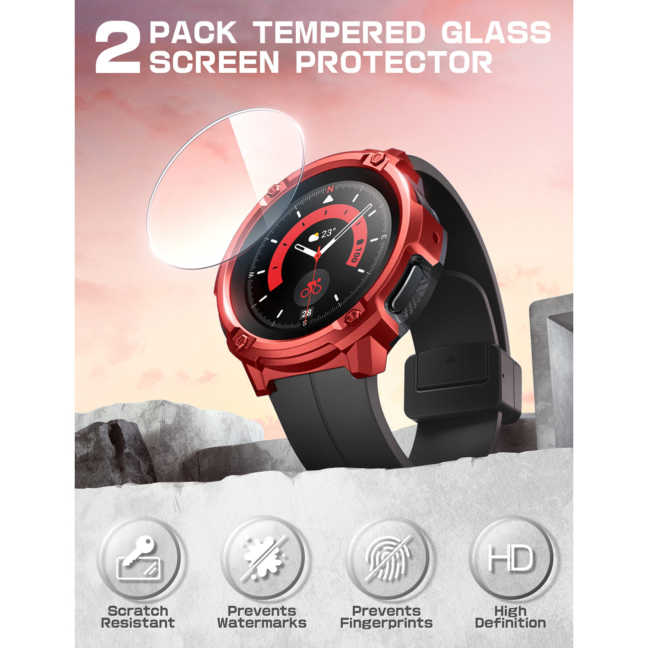 Galaxy Watch5 Pro 45mm Unicorn Beetle Rugged Case with Glass Screen Protectors-Metallic Red