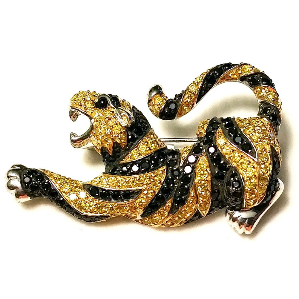 Zirconia Studded Arched Tiger Sterling Silver Pin/Pendant