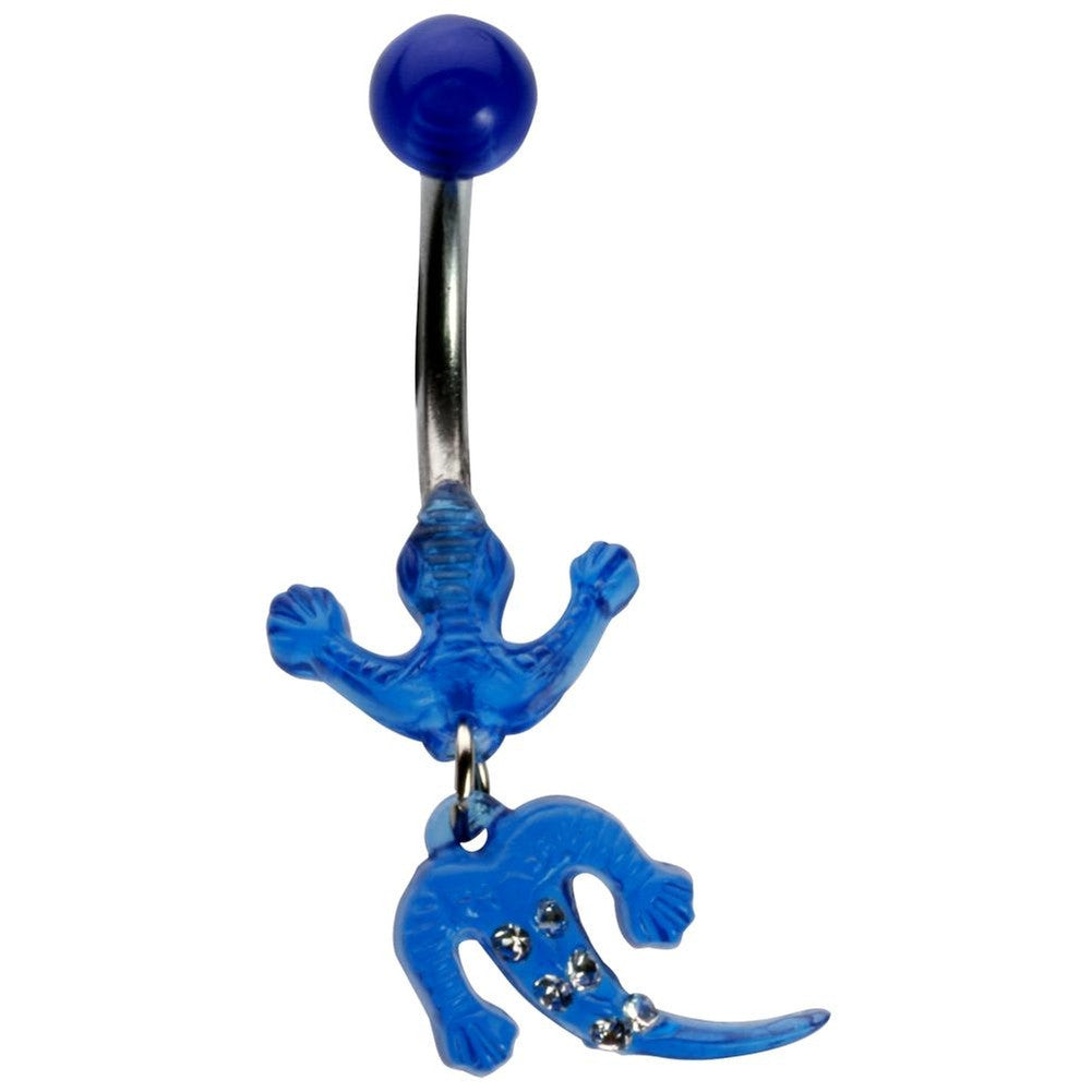 14G 3/8 Blue UV Dangle Lizard and Gem Curved Barbell